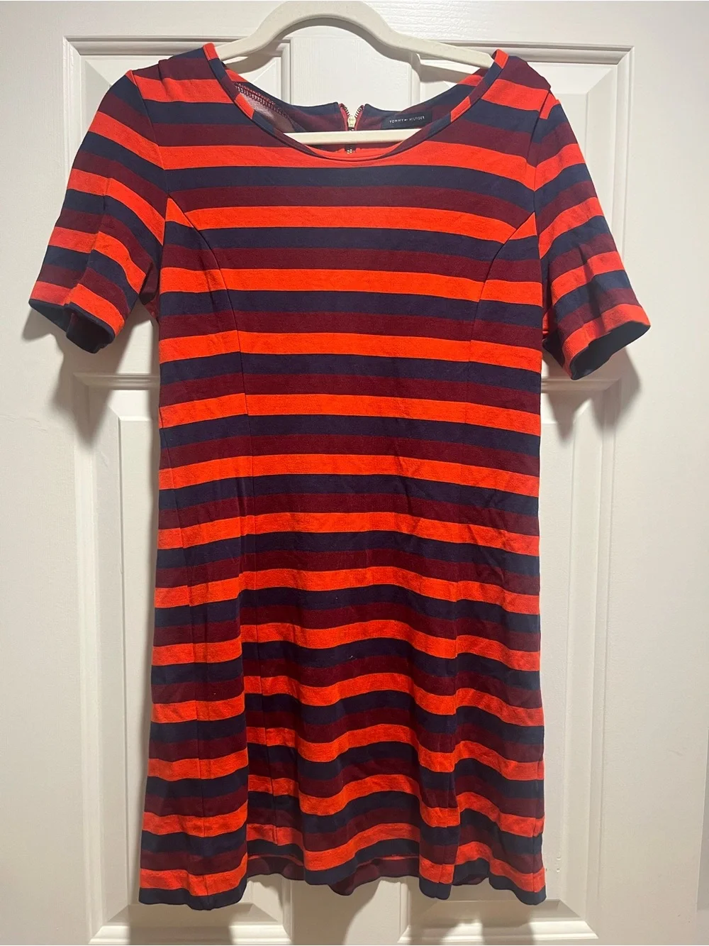 Tommy Hilfiger Striped Orange, Maroon, and Navy Short-Sleeve T-Shirt Mini Dress